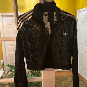 adidas Black Cropped Track Jacket with White Stripes